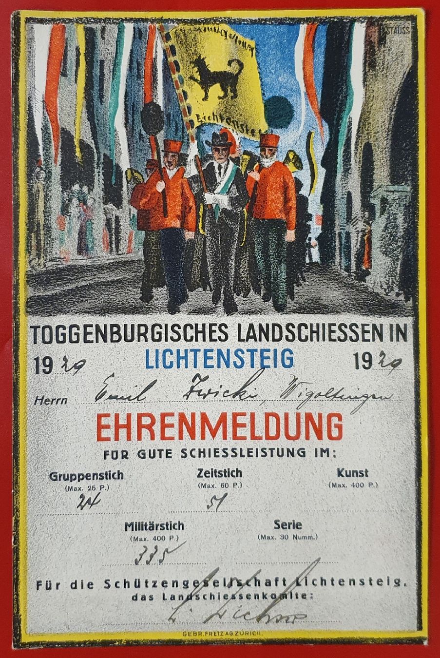 Cartoline postali: Ehrenmeldung Liechtensteig 1929 – Usato da Kreuzlingen venduto da Rschweiz1
