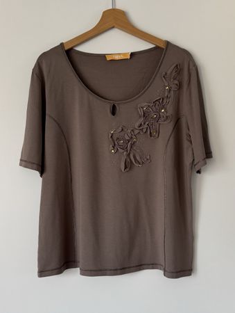 BiBA T-Shirt Gr. XL taupe braun - Blumen Applikation & Stras