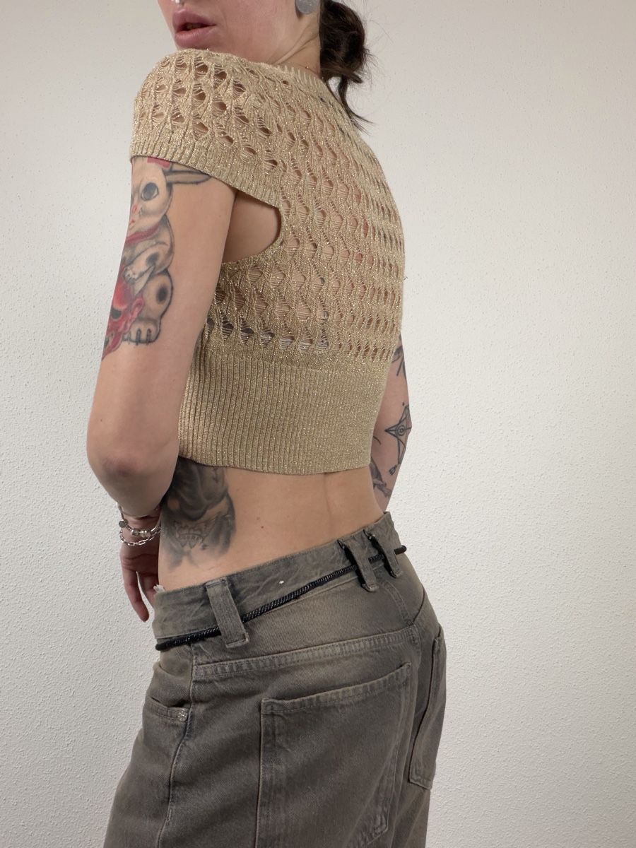 Top: Cute cropped short sleeve cardigan, size Medium, beige – Usato da Knonau venduto da Grapesvintage 2