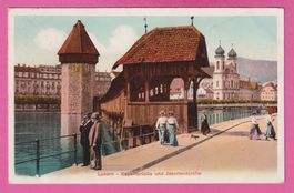 Luzern gel 1909 Kapellbrücke und Jesuitenkirche belebt
