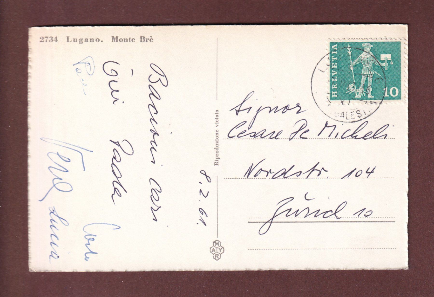 Cartoline postali: LUGANO - Monte Brè - 1961 – Usato da Pully venduto da nicecards-shop 1