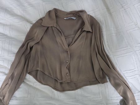 Zara Blouse Long Sleeve Button Down Beige Size S