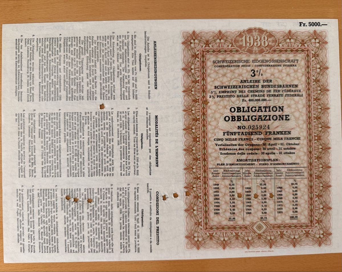 SBB/CFF/FFS Documenti: Historische Obligation SBB 3% 1938 – Usato da Bern venduto da Spomme 1