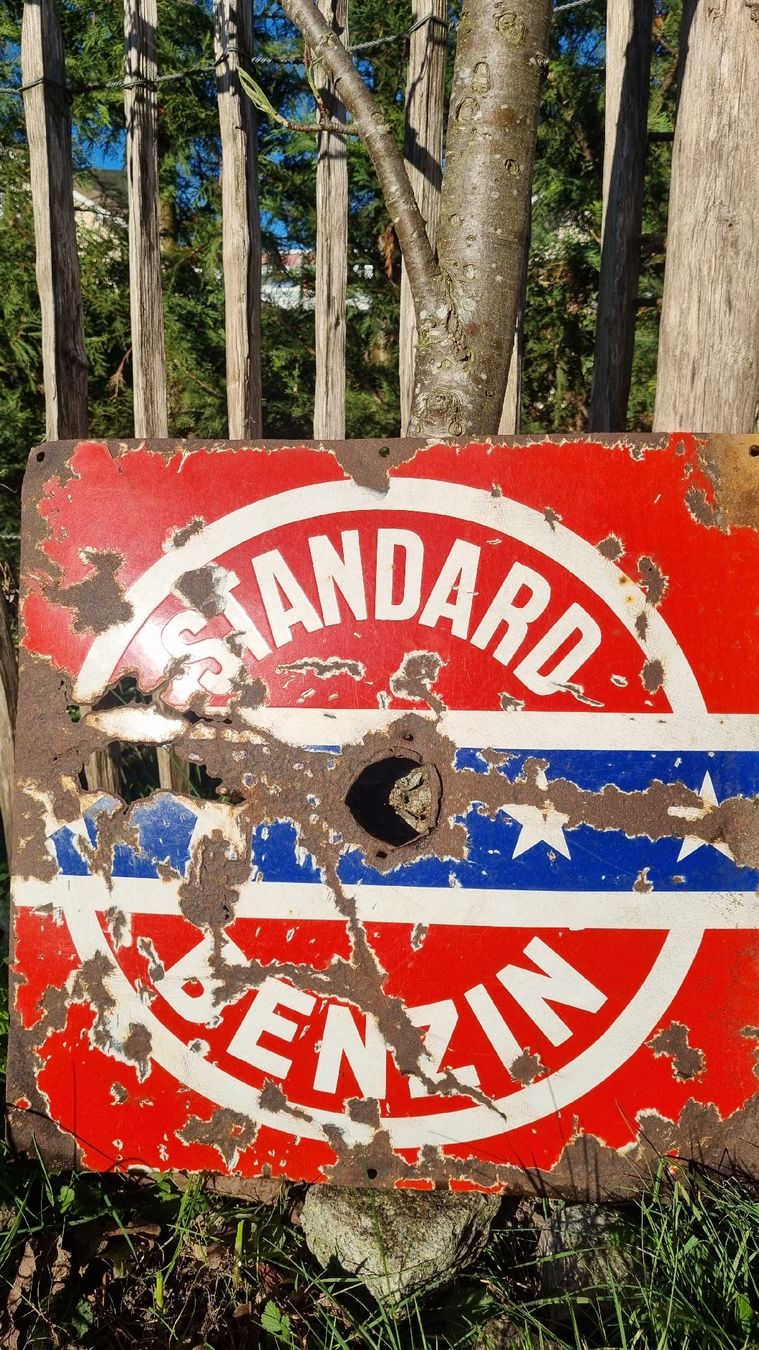 Insegne: Standard Benzin original Vintage Schild ca. 1925 – Usato da Thun venduto da Maerger 1