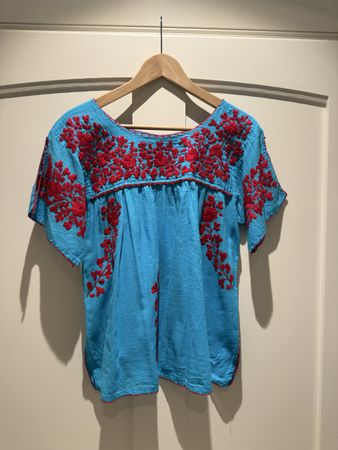 Light Blue Summer Top with Red Embroidery Details.