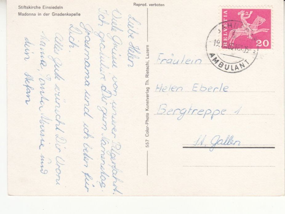 Cartoline postali: Einsiedeln 1968 – Usato da Bürglen TG venduto da StampGraf 1