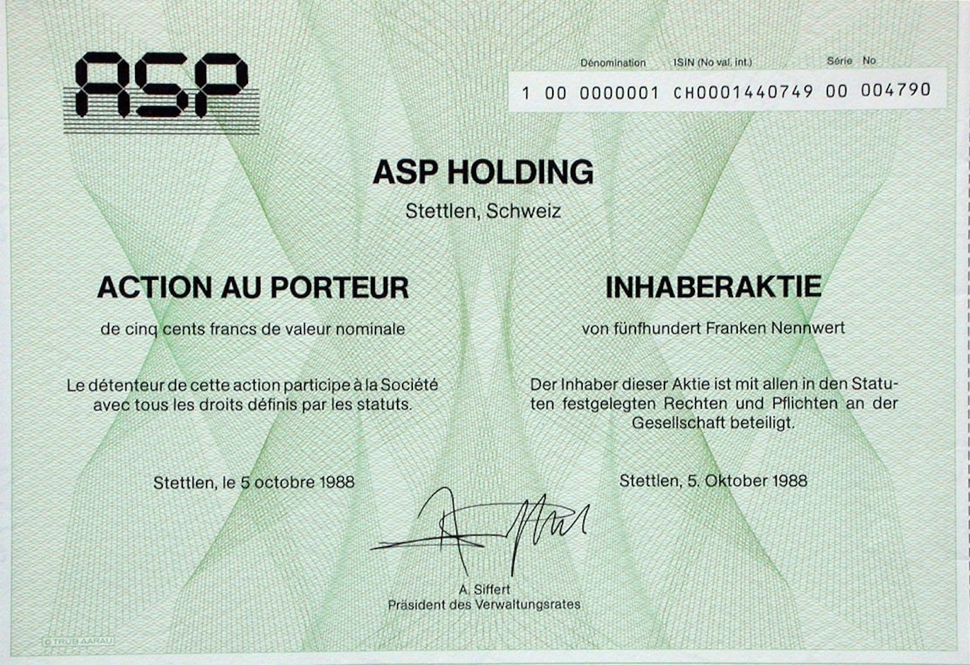Documenti: ASP Holding, Stettlen - 1988 – Usato da Solothurn venduto da Sgasche