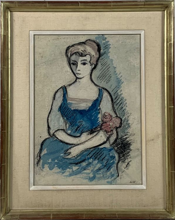 Gemälde Dame im Blauen Kleid und Rosen Monogrammiert L.V . (Gebraucht ...