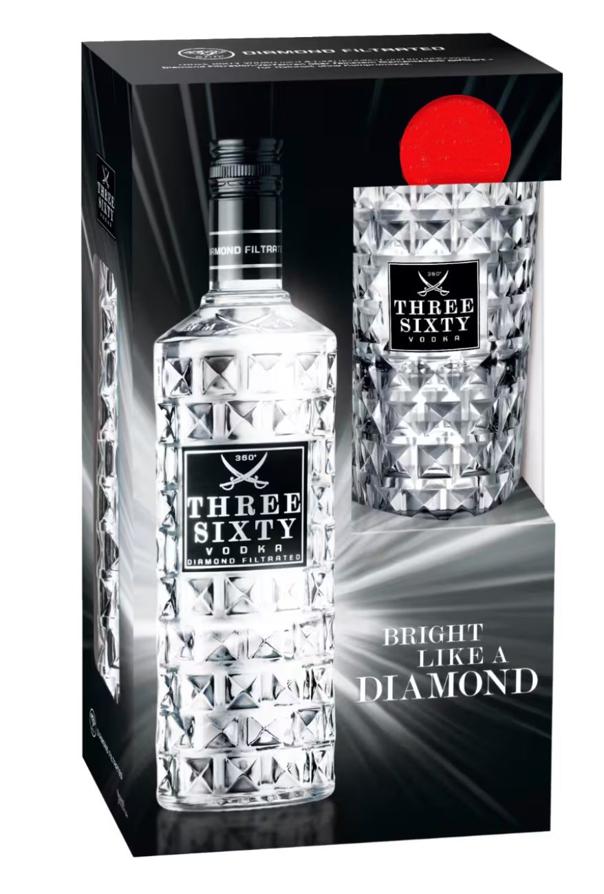 Bevande alcoliche: Three Sixty Vodka mit Longdrinkglas 0,7l – Nuovo e nell'imballaggio originale da Bülach venduto da RockBottomOffTheRamp