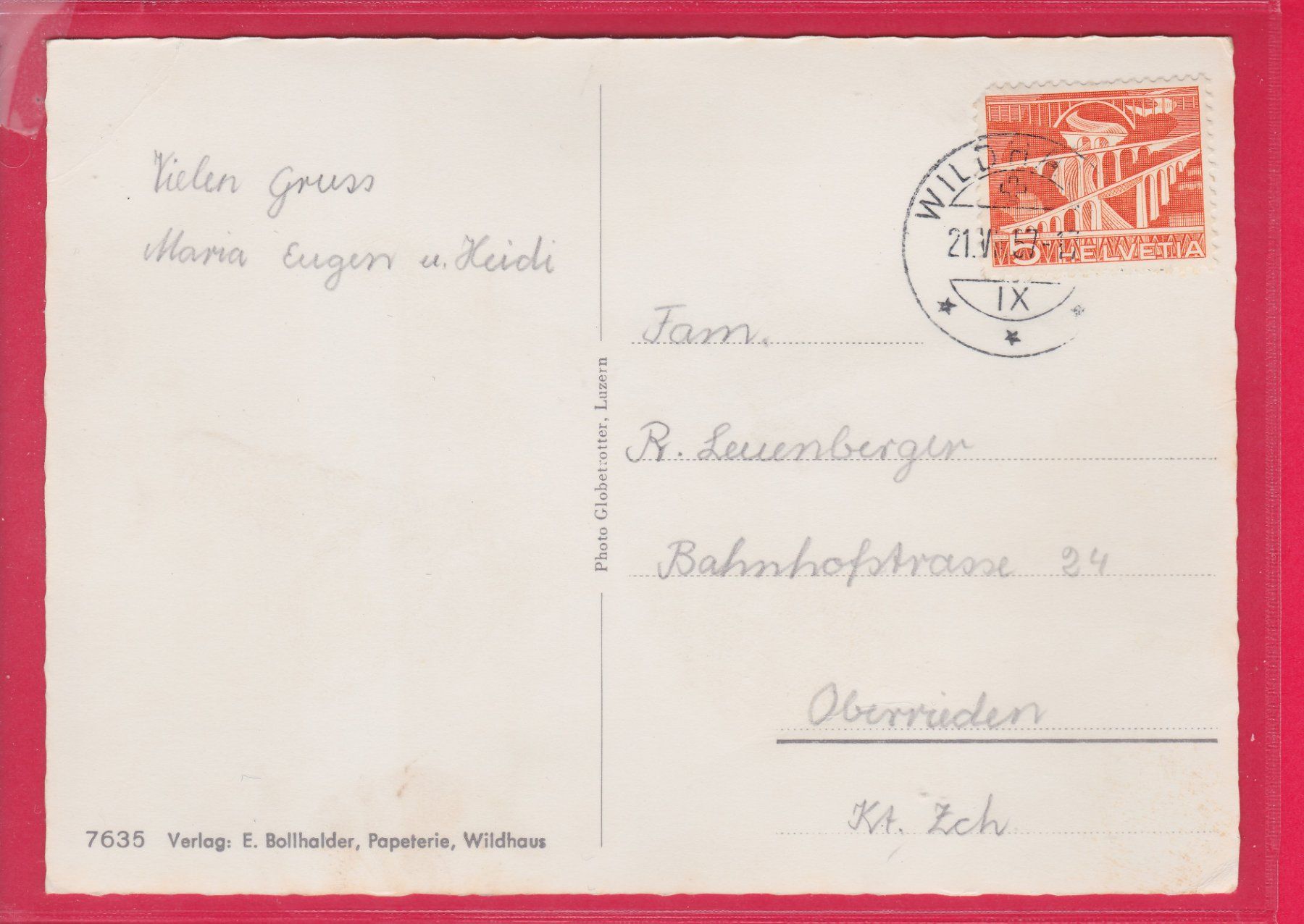 Cartoline postali: WILDHAUS MIT SCHWIMMBAD, 21.7.1957 – Usato da Oberrieden venduto da Gebirgsstelze 1