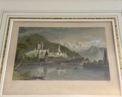 Framed Antique Swiss Print - Thun with the Bernese Alps