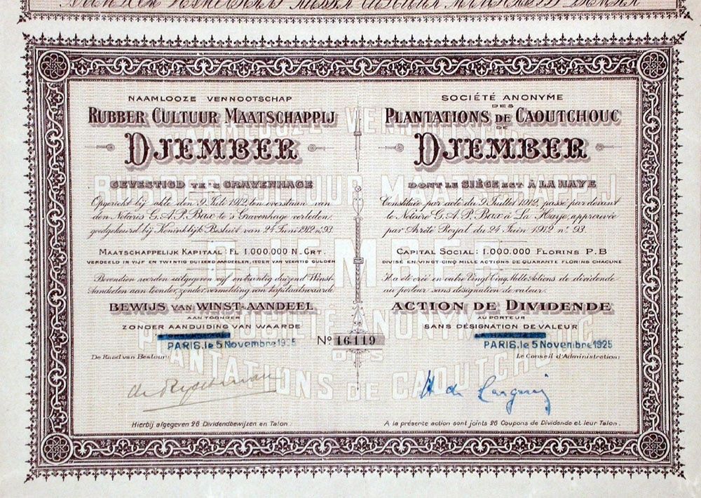 Dokumente: SA des Plantations de Caoutchouc de Djember - 1925 – Gebraucht aus Solothurn von Sgasche