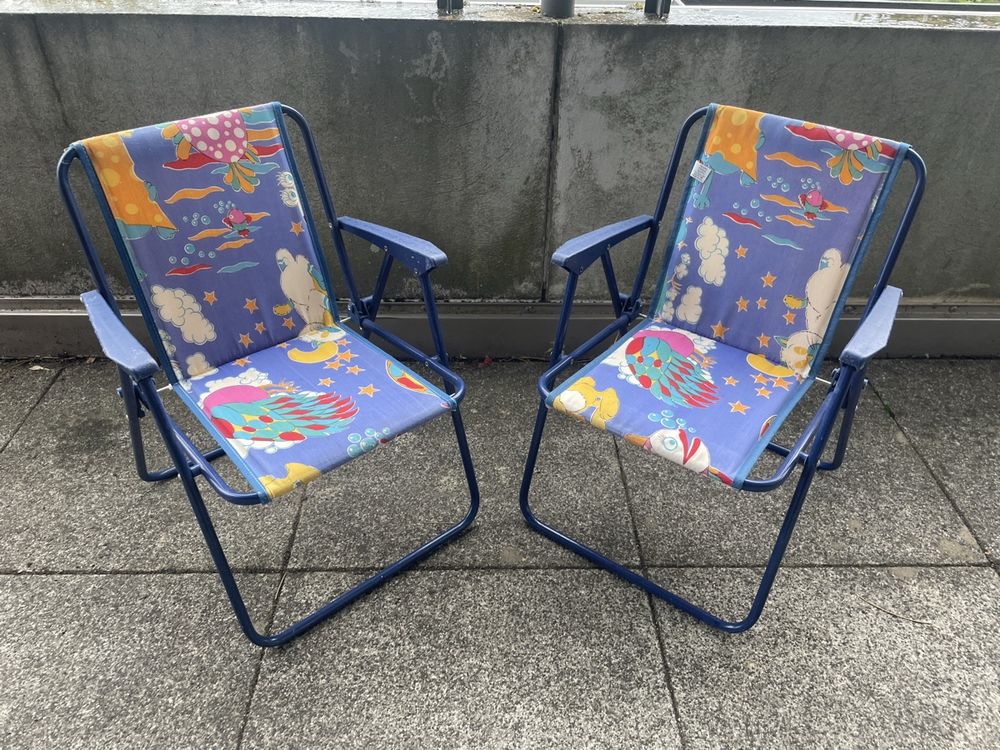 Paire De 2 Chaises De Camping Pliantes Vintage - Métal Imprimé Floral - Rétro - Occasion