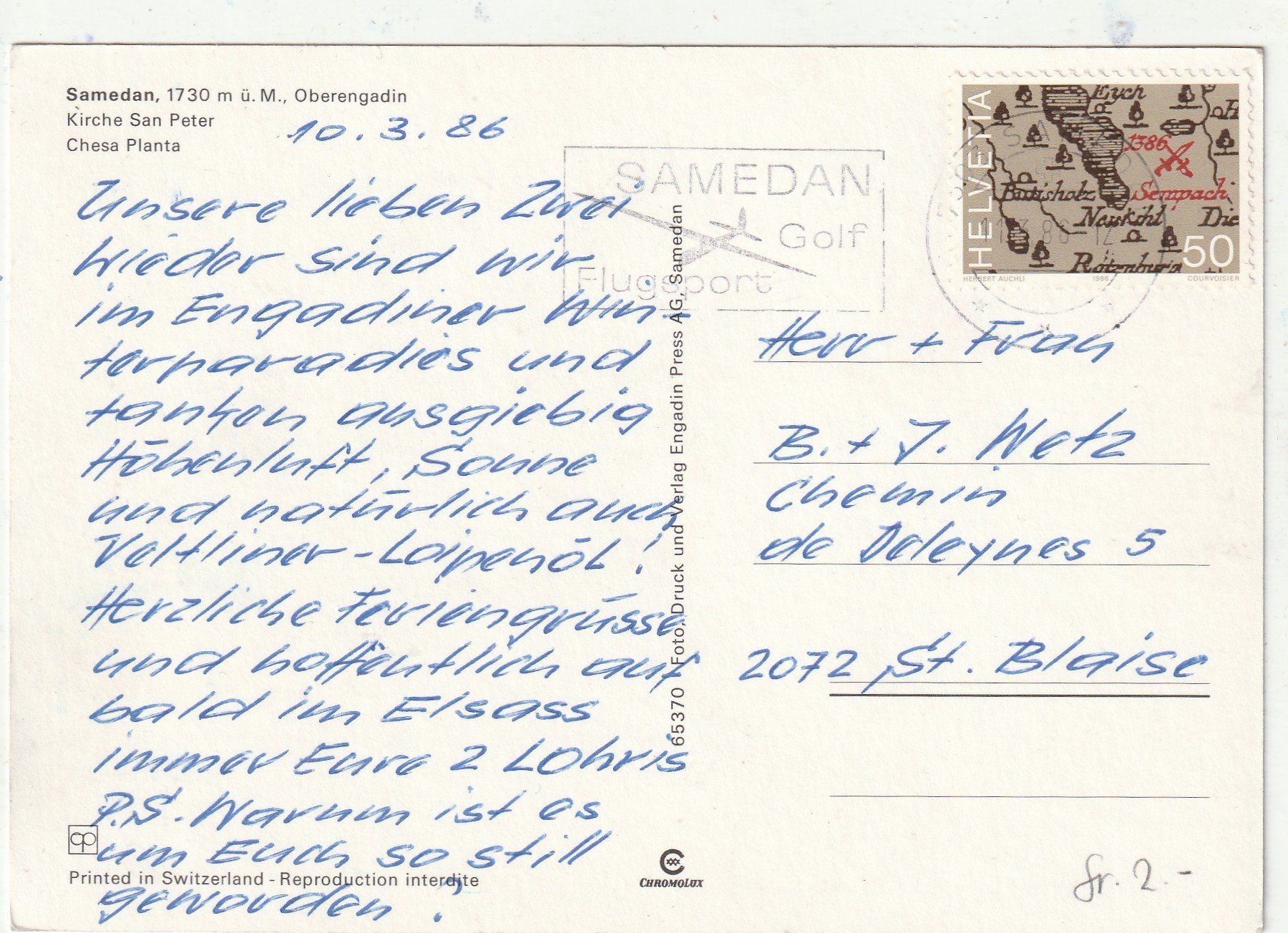 Cartoline postali: Samedan Engadin – Usato da Lumbrein venduto da made02 1