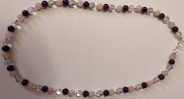 Halskette Amethyst, Rosenquarz, Bergkristall & Silber Herze