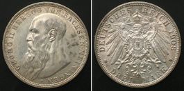 SACHSEN-MEININGEN 3 Mark 1908 GEORG II Silber SELTEN! vz-st