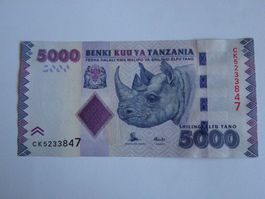 Banknote Tansania 5000 Shilling, Nashorn Motiv, Wie Neu