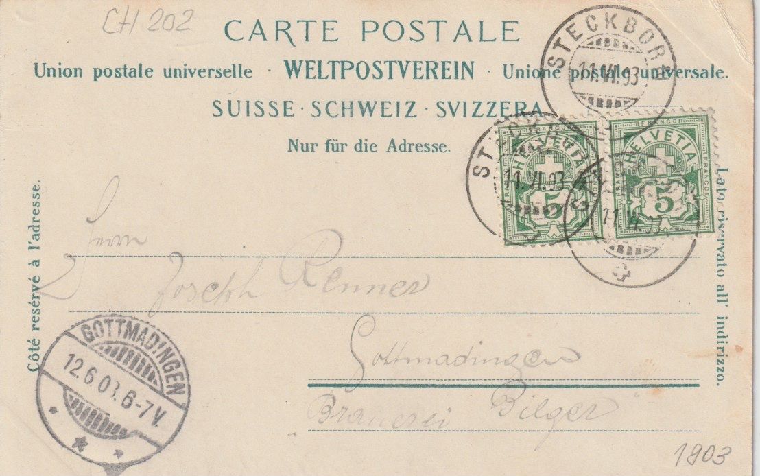 Cartoline postali: CH 202 Steckborn, Der Turmhof, 1903 – Usato da Freienbach venduto da Bhaltis 1