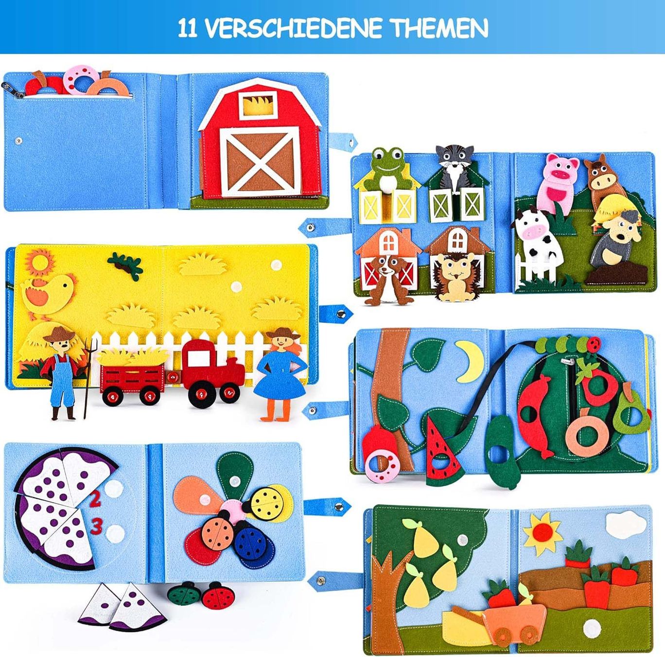 Quiet Book Aus Filz – Für Kinder Ab 1 Jahr, 3D-Aktivitäten, Montessori-Spielzeug, 21x21 Cm, Themen Verkehr & Tiere