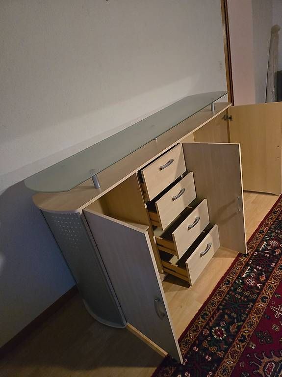 Cassettiere: Kommode Sideboard mit Glasplatte helle Holzoptik 4 Schubl... – Usato da ramiswil venduto da saboli01 3