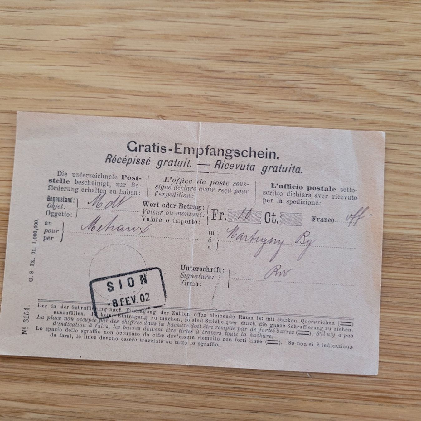 Alle Briefmarken: Document Récépissé Sion 1902 – Gebraucht aus Biel/Bienne von Destockweb