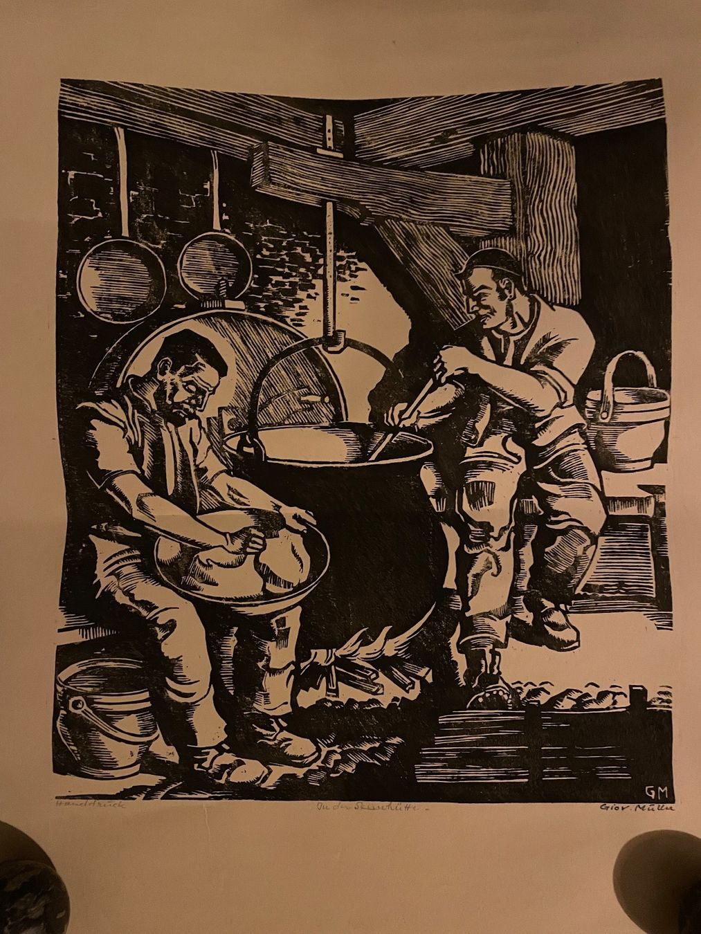 Xilografie: Handsignierter Holzschnitt Giov. Müller Bauernszene – Usato da Cham venduto da Chramschopf