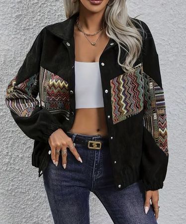 Schwarze Cordjacke, Stickerei, Gr. S, Frühling/Herbstjacke