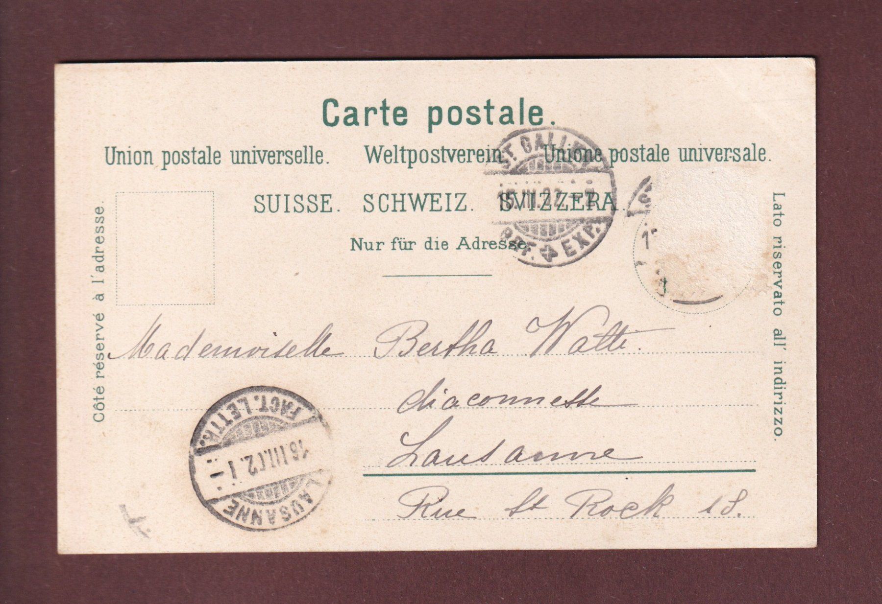 Cartoline postali: ST. GALLEN - Rosenberg-Quartier - 1902 – Usato da Pully venduto da nicecards 1