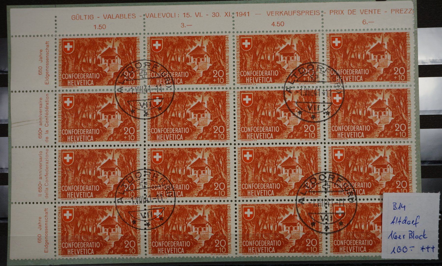 Tutti i francobolli: CH - Pro Patria - B14.2.01 - 16er Block mit Bogenrand links – Usato da Rombach venduto da VENTIS-Auktionen