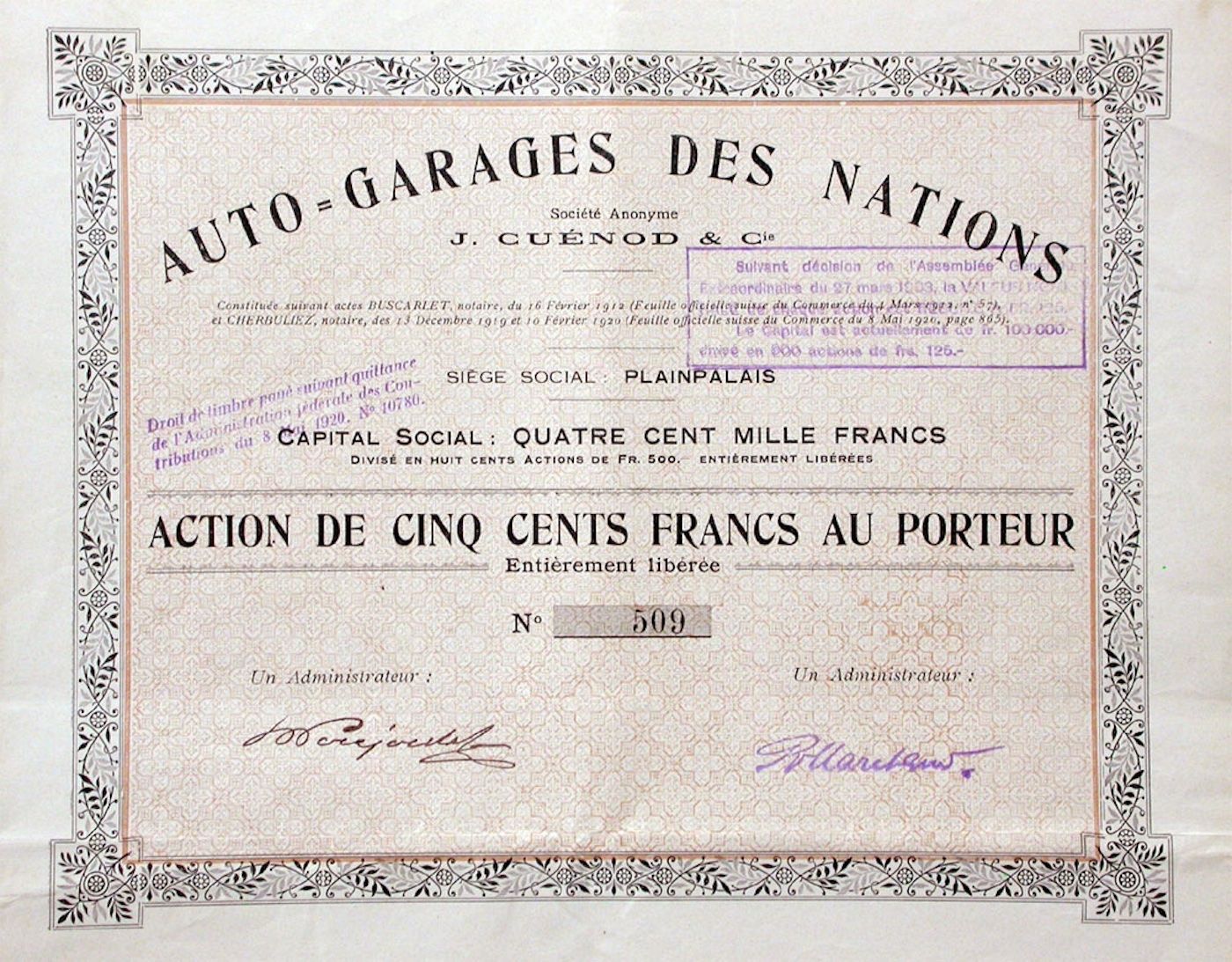 Documenti: Auto-Garages des Nations SA, Plainpalais - 1920 – Usato da Solothurn venduto da Sgasche