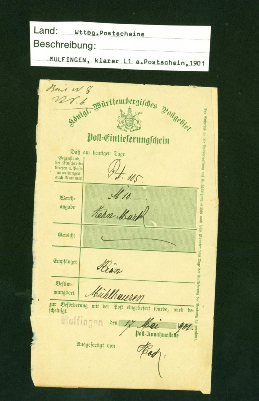 Alle Briefmarken: Vorphila, Postschein Württemberg (AX352z) – Gebraucht aus Seuzach von Harri19