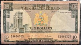 Seltene 10 Dollar Banknote von Hongkong, Charterd Bank 1977