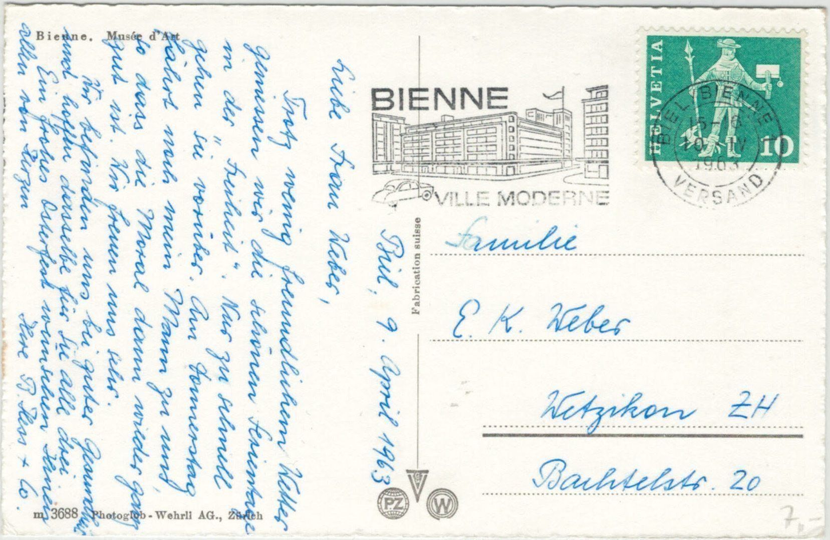 Cartoline postali: BE 175 Biel Bienne Kunsthaus 1963 – Usato da Fribourg venduto da philafri 1