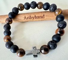 Edelsteinarmband Achat -Tigerauge - Lava mit Hämatit Kreuz