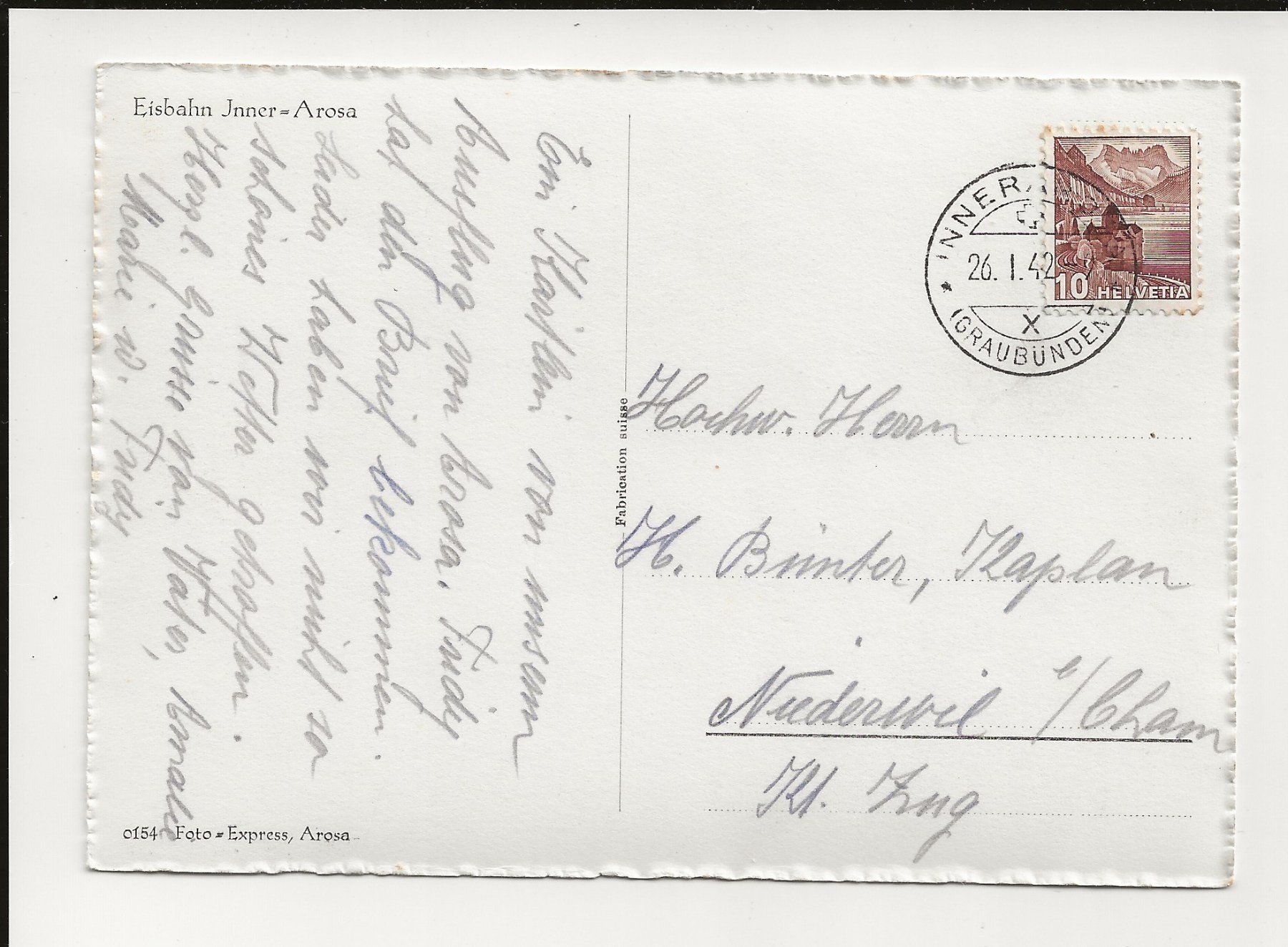 Cartoline postali: AK 1942 Eisbahn Inner-Arosa ⛄ – Usato da Greifensee venduto da 315WDO 1