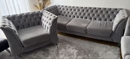 Sofa Set Chesterfield Stil grau Samt guter Zustand