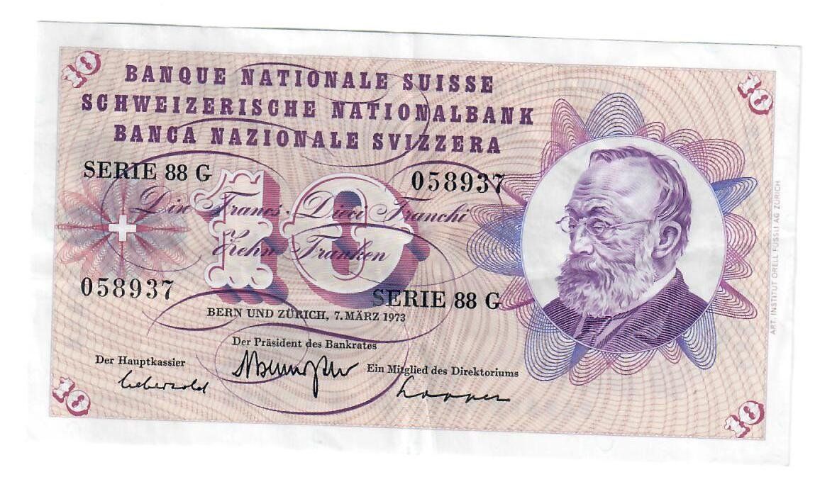 Billets de banque: Schweizer Banknote 10.00 Fr. 1973 – D'occasion à Utzigen par a8b9c0