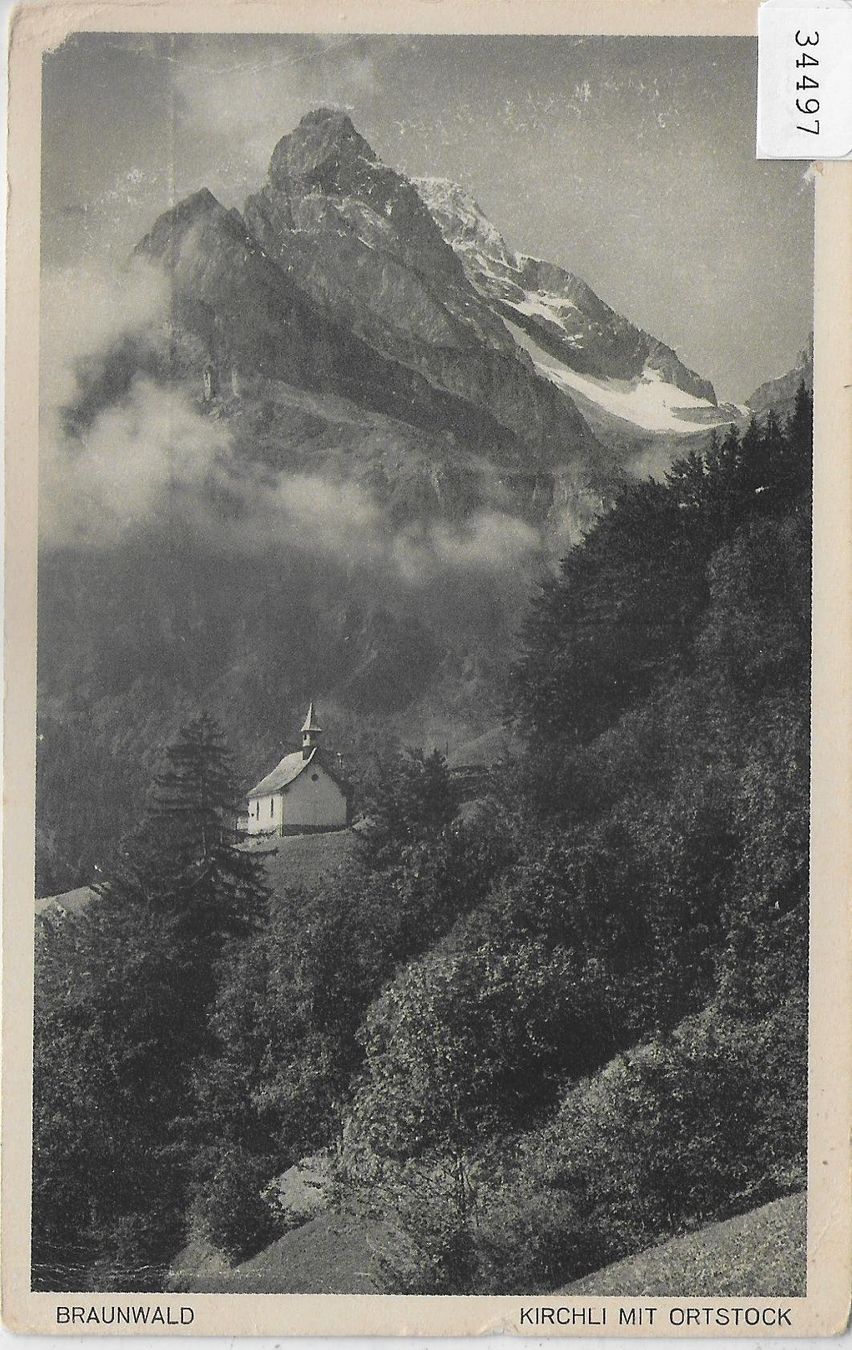 Cartoline postali: Braunwald - Kirchli mit Ortstock – Usato da Ettingen venduto da Kartenplanet