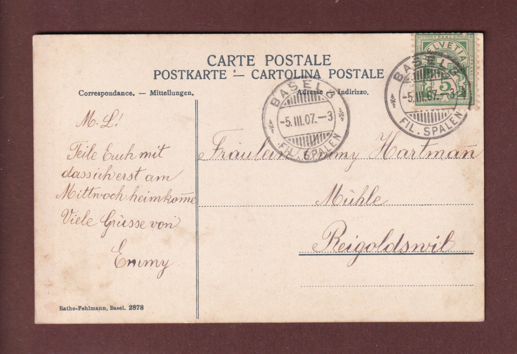 Cartes postales: BASEL - Mittlere Rheinfähre - 1907 – D'occasion à Pully par nicecards-shop 1