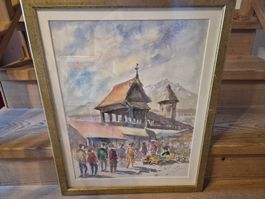 Aquarell-Malerei, gedeckter Markt, gerahmtes Bild, Kunst 