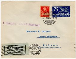 25 Rp. Tell + 25 Rp. Flugzeug auf Beleg von ZÜRICH n. MILANO