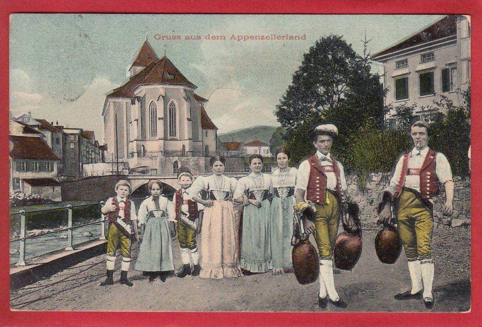Cartoline postali: APPENZELL, TRACHTEN, KUHGLOCKEN, 1911 – Usato da Grüningen venduto da Kartenlaube
