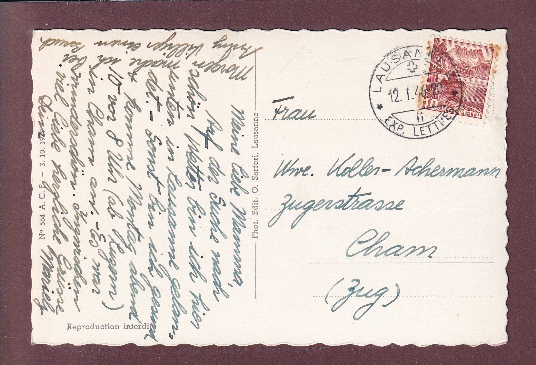 Cartoline postali: LAUSANNE - Place Chauderon - 1946 – Usato da Pully venduto da nicecards 1
