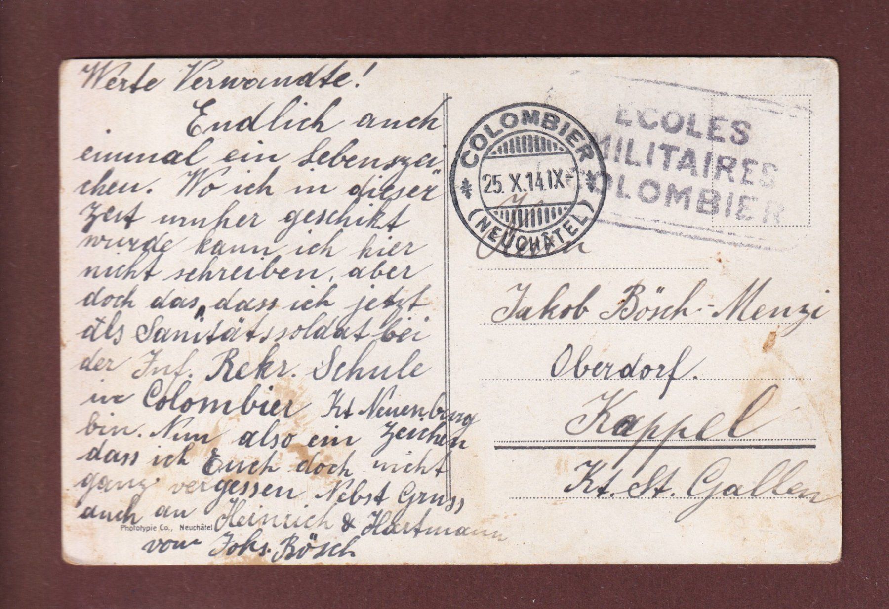 Ansichtskarten: COLOMBIER - Le Château - 1914 Feldpost – Gebraucht aus Pully von nicecards 1