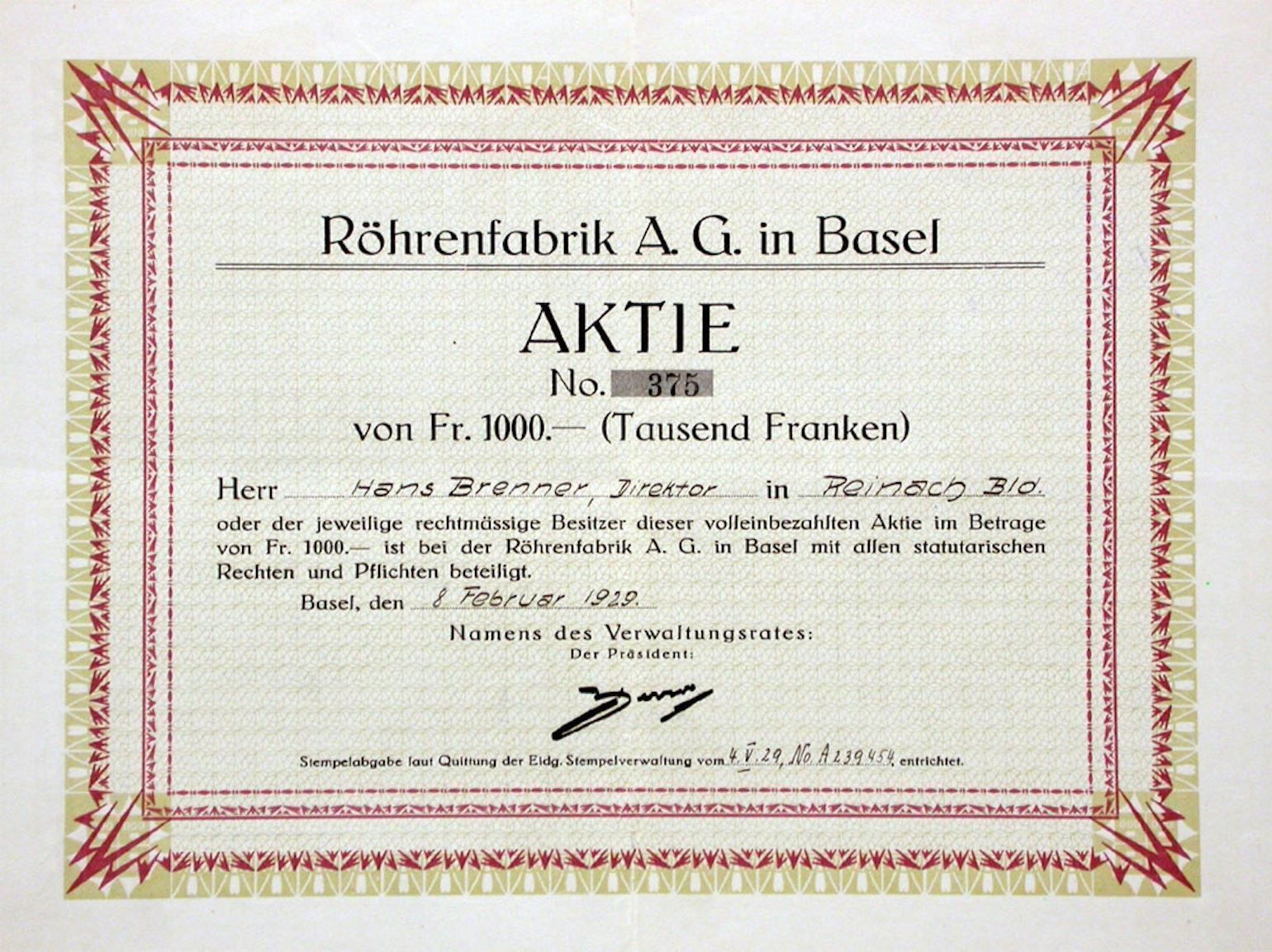Dokumente: Röhrenfabrik AG in Basel, Basel - 1929 – Gebraucht aus Solothurn von Sgasche