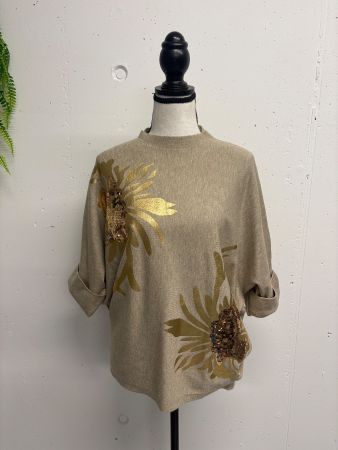 Feinstrick Pullover S/M beige mit Goldmuster und Pailletten