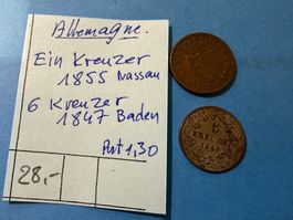 ALLEMAGNE : EIN KREUZER 1855 Nassau + 6 KREUZER 1847 Baden