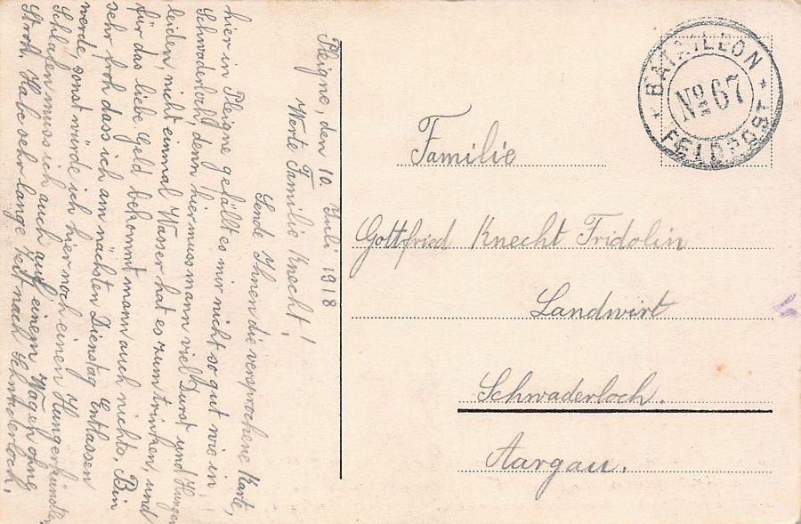 Cartoline postali: Pleigne, poste de campagne 1918 Feldpost BATAILLON N° 67 – Usato da Frauenfeld venduto da POML 1