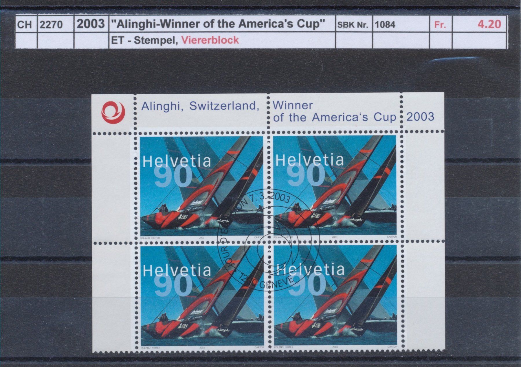 Alle Briefmarken: 2003 "Alinghi", Vierblock, ET - Stempel – Gebraucht aus Winterthur von Zupogeru