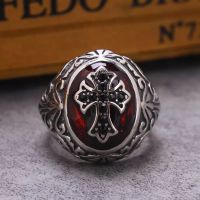 Vintage Gothic Cross Ring, Red Enamel, Stainless Steel